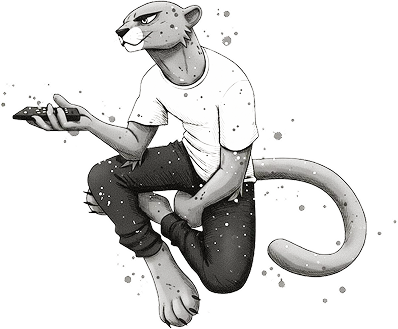 Персонаж-пантера, сидящий с протянутой рукой