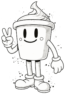 Персонаж-стаканчик с поднятыми пальцами в жесте peace